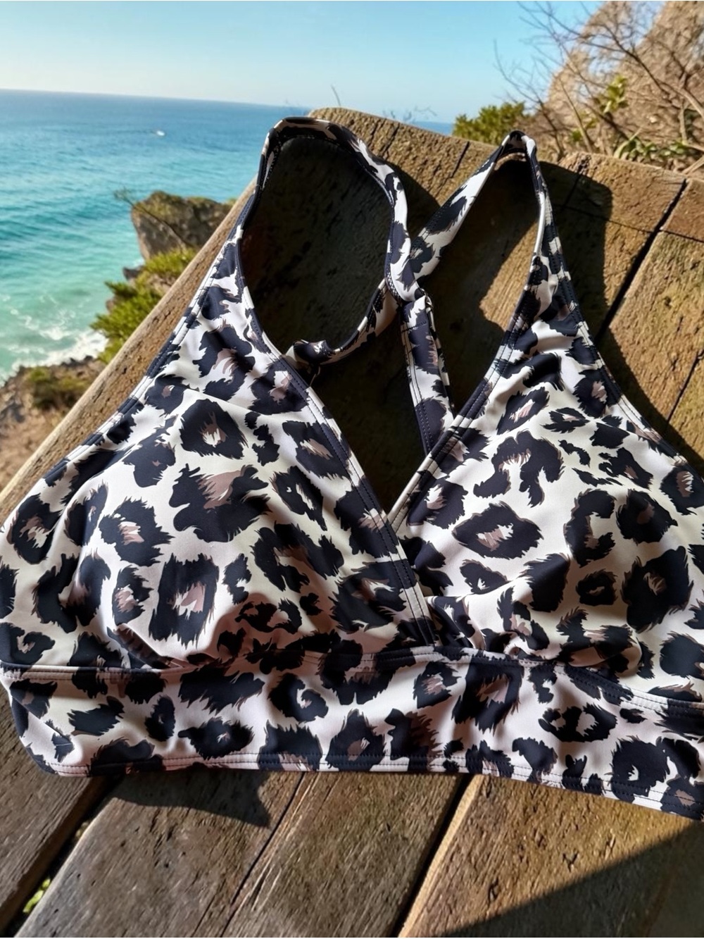 Leopard Print Triangle Bikini Top - Black & White